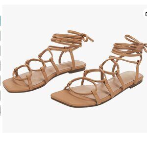 Light Brown Camel Lace up Square Toes Flat Sandals with Ankle Strap | Size 9.5